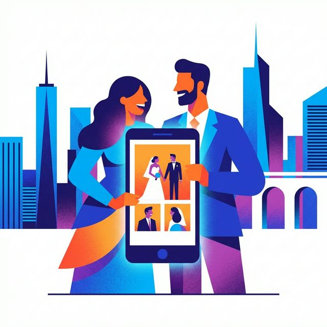 Illustration of a happy couple looking at their photos on a smartphone