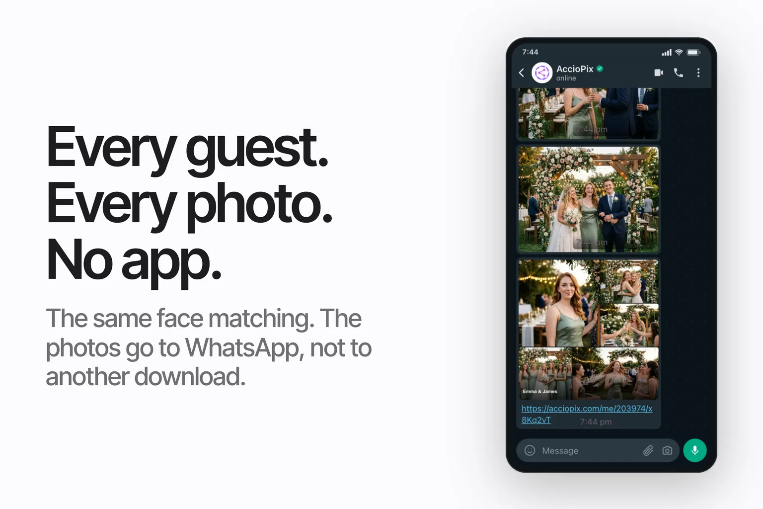 A WhatsApp chat on a phone showing delivered event photos
