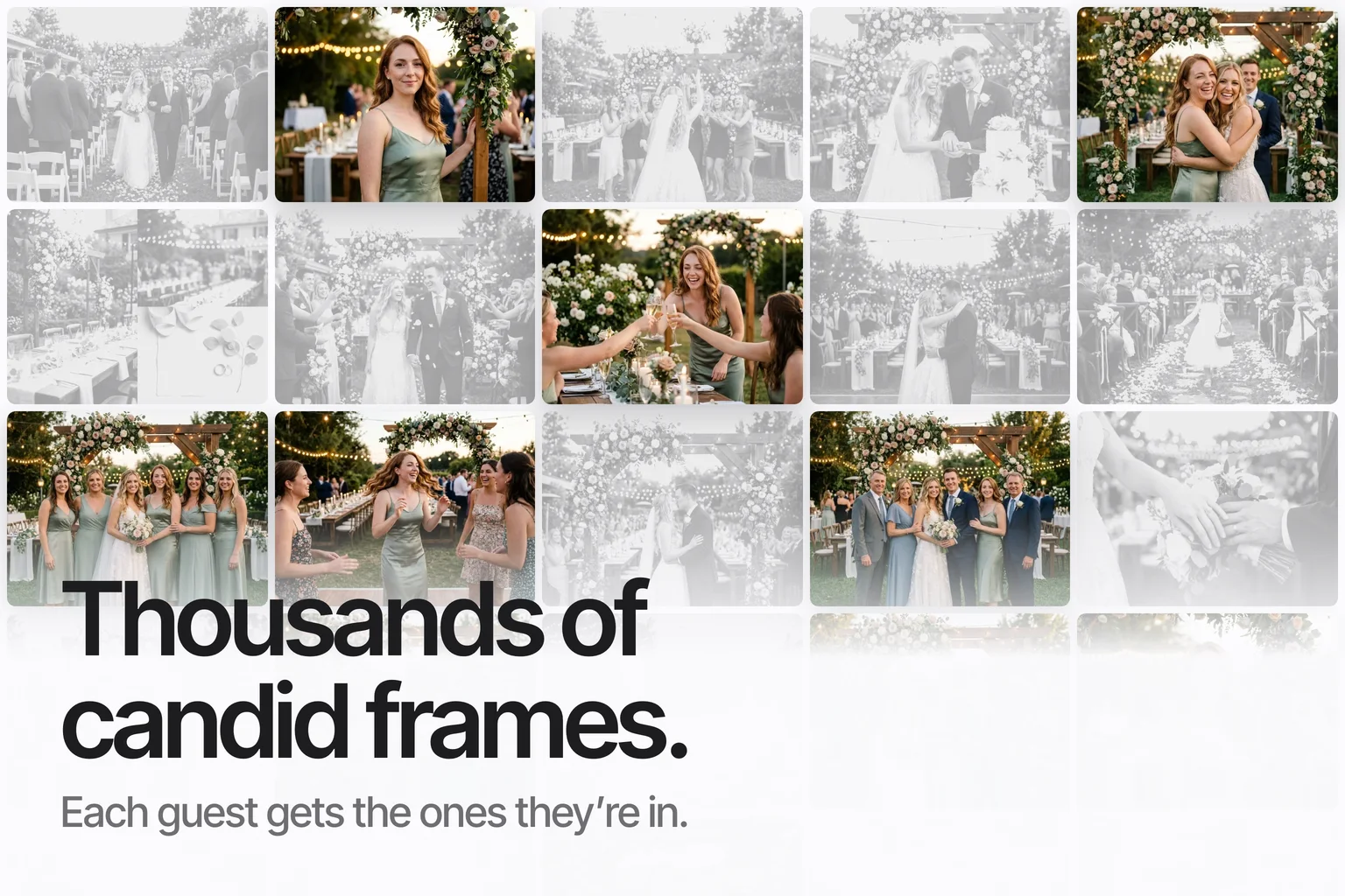 A grid of wedding photos with one guest's photos in colour and the rest greyed out
