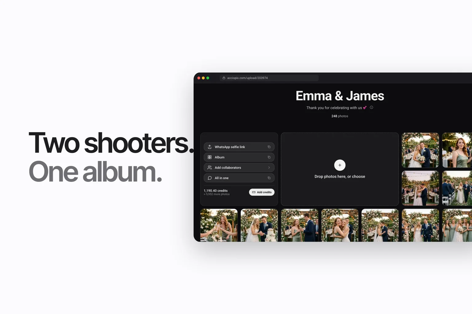The AccioPix upload page with an event album filling with photos