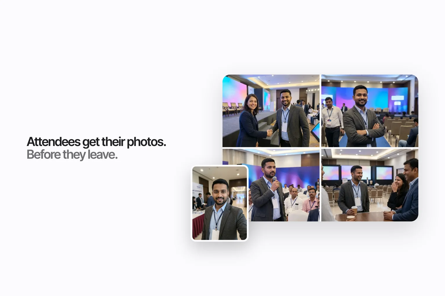 An attendee's selfie beside a grid of the conference photos she appears in