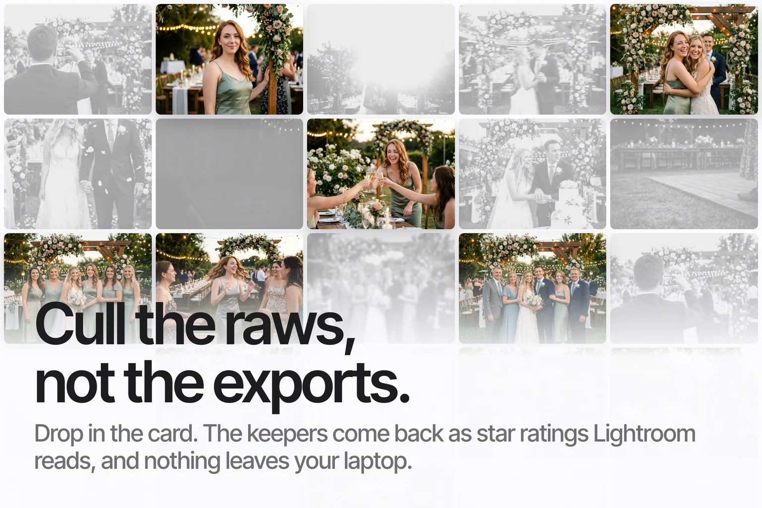 A grid of event photos with one guest's photos in colour and the rest greyed out