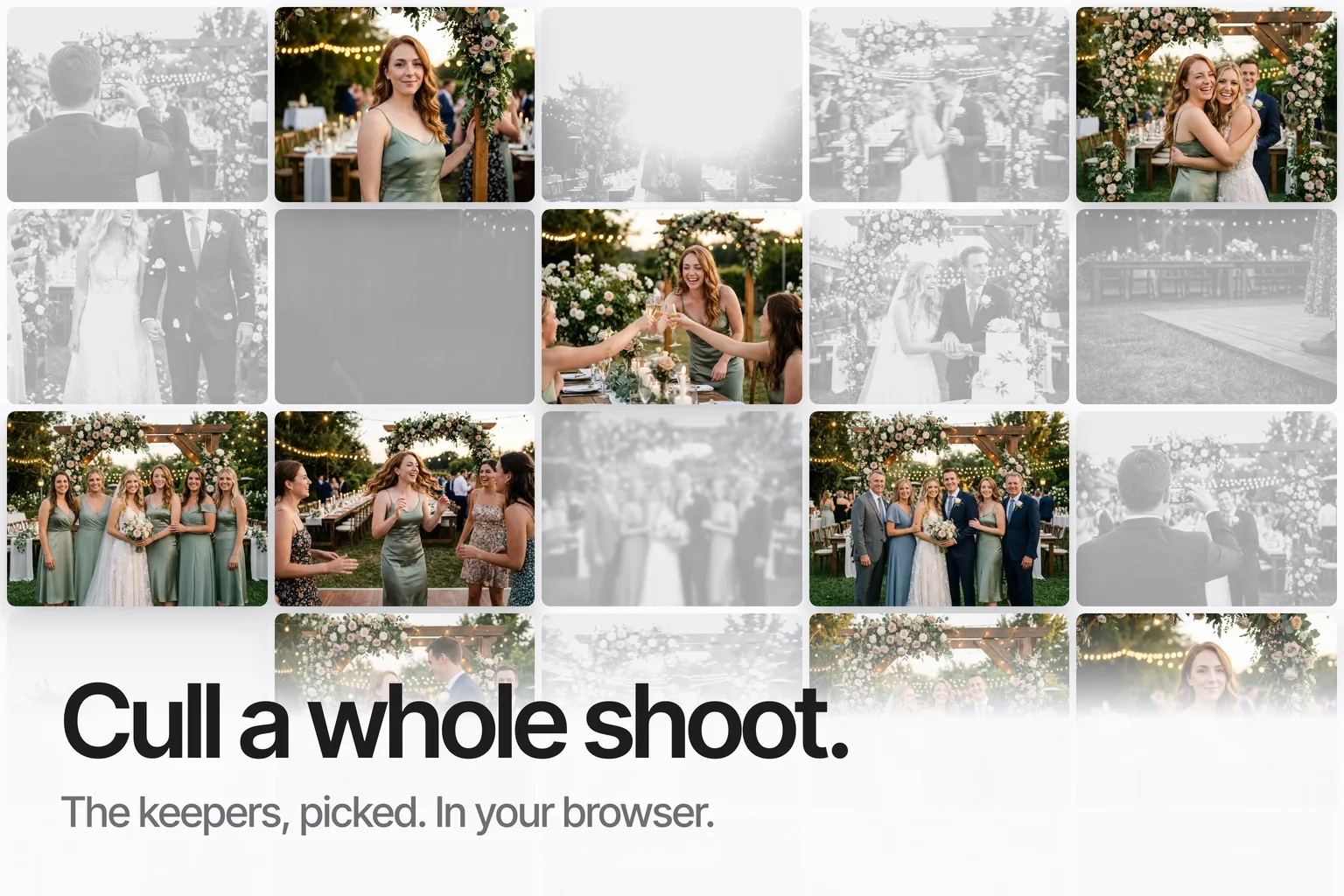 A grid of event photos with one guest's photos in colour and the rest greyed out