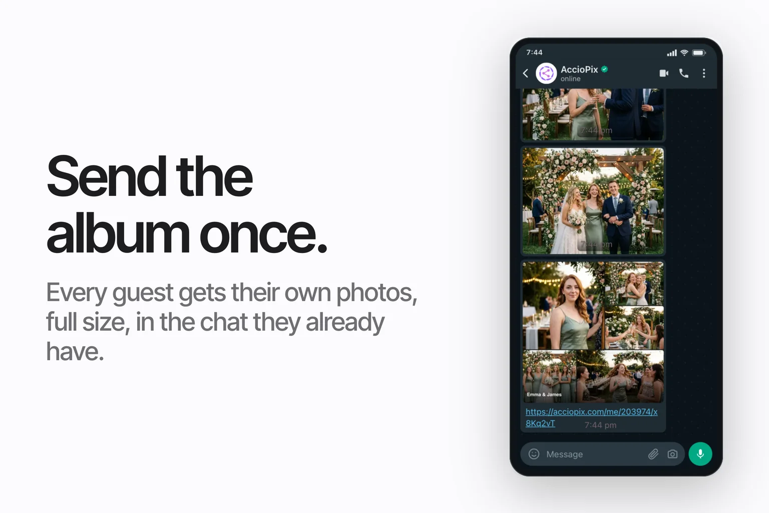 A WhatsApp chat on a phone showing delivered event photos