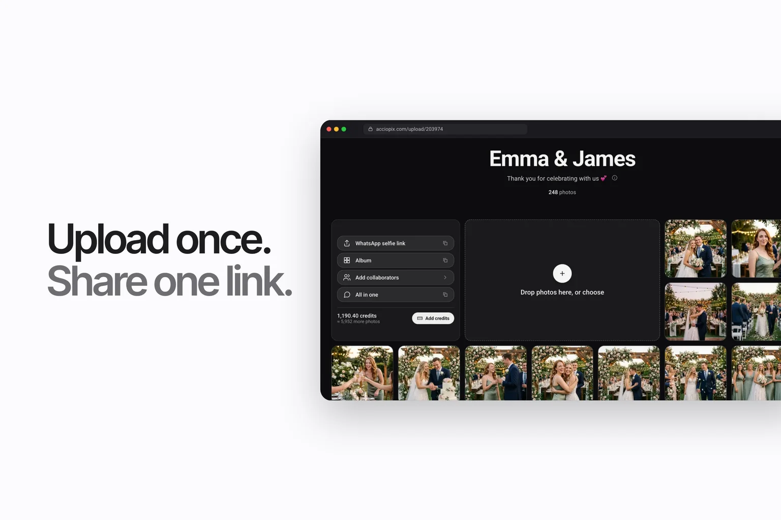 The AccioPix upload page with an event album filling with photos