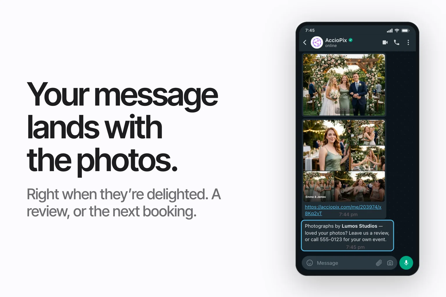 A WhatsApp chat on a phone showing delivered event photos