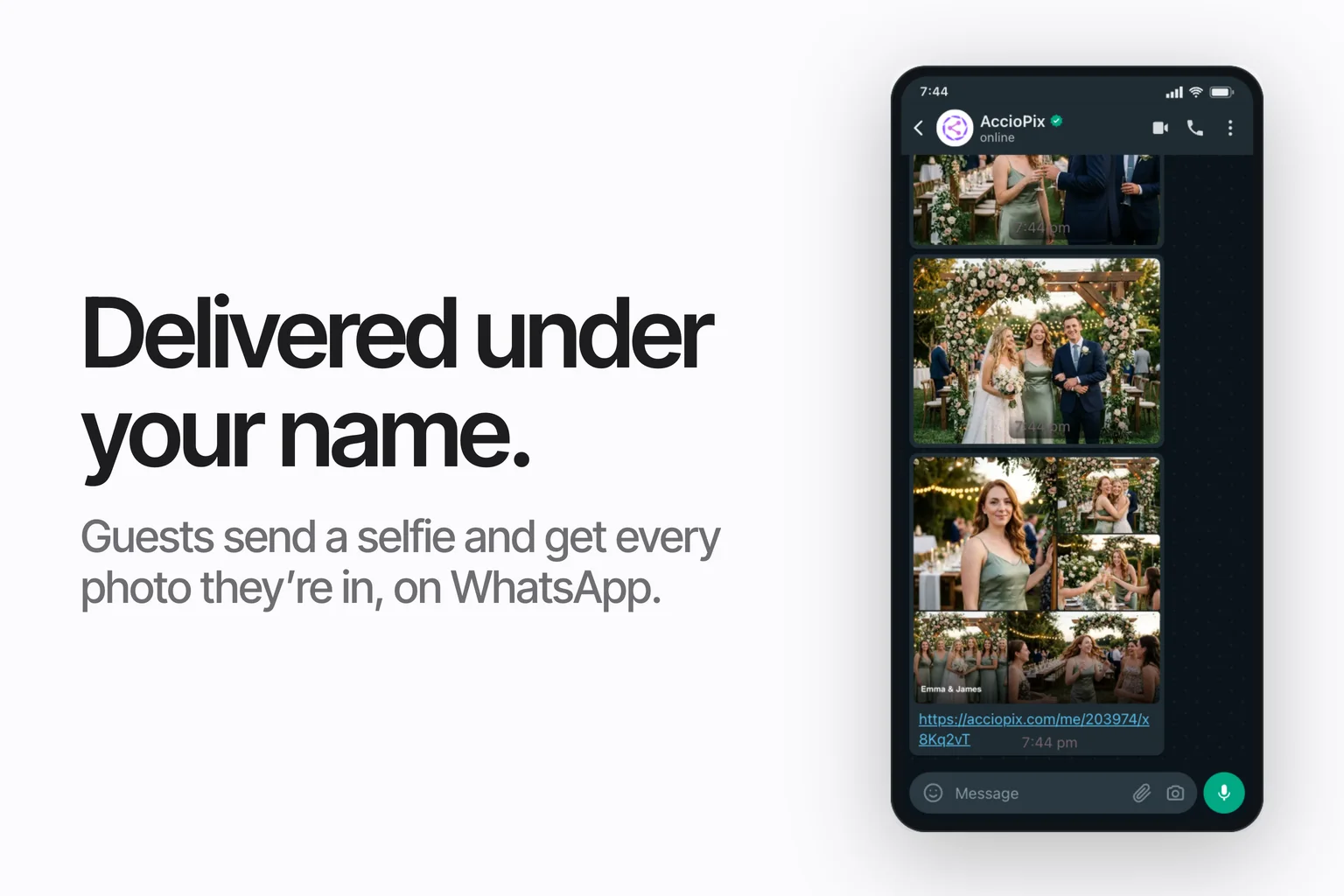A WhatsApp chat on a phone showing delivered event photos