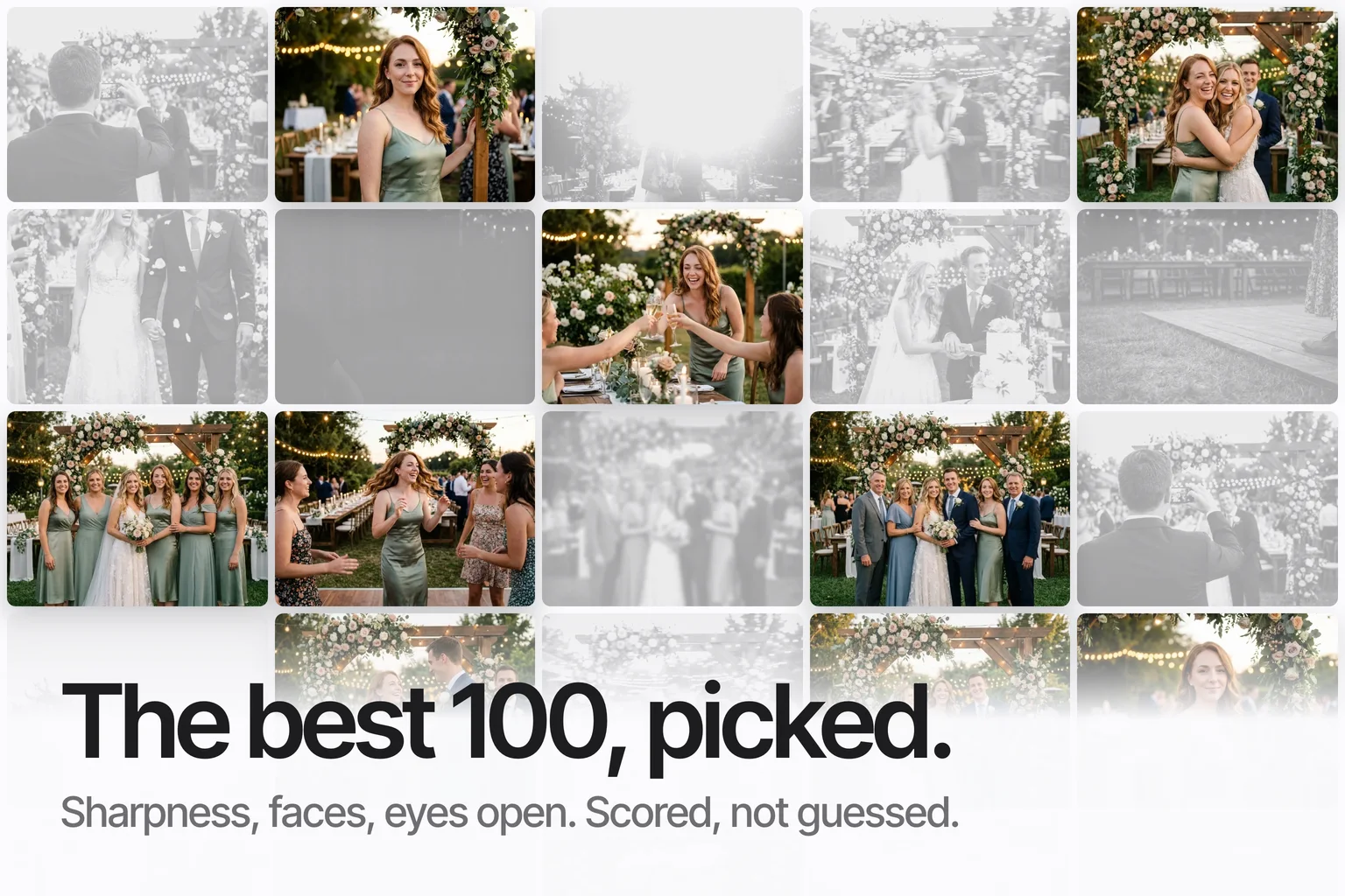 A grid of event photos with one guest's photos in colour and the rest greyed out
