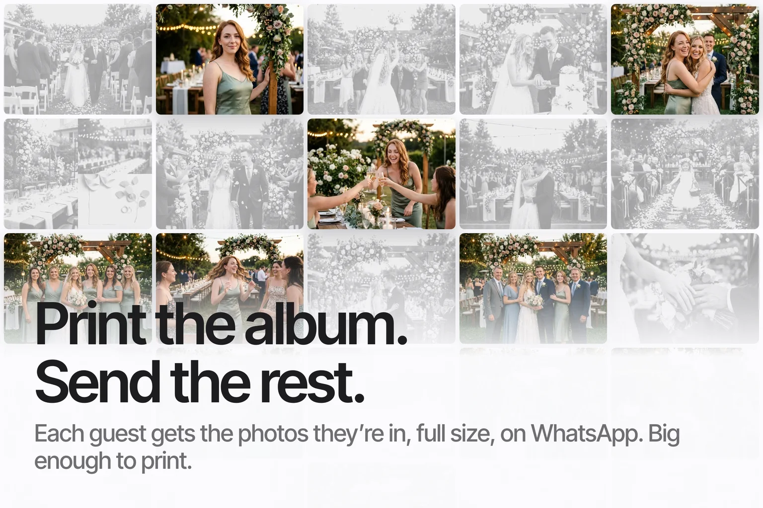A grid of event photos with one guest's photos in colour and the rest greyed out