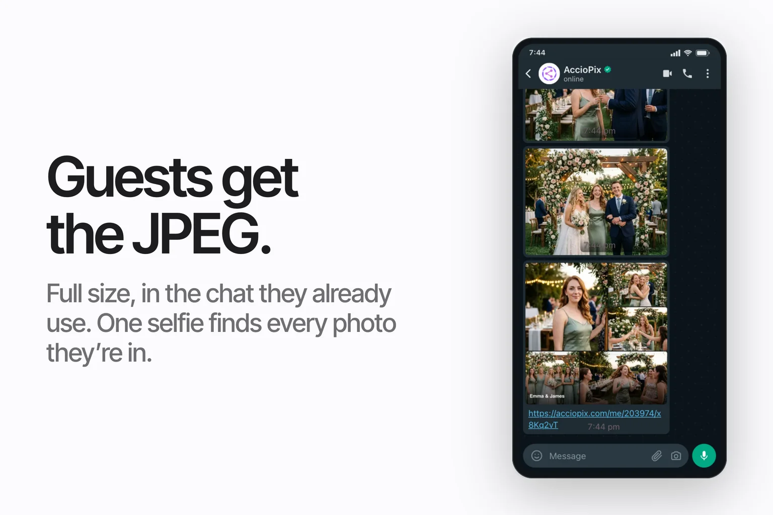 A WhatsApp chat on a phone showing delivered event photos