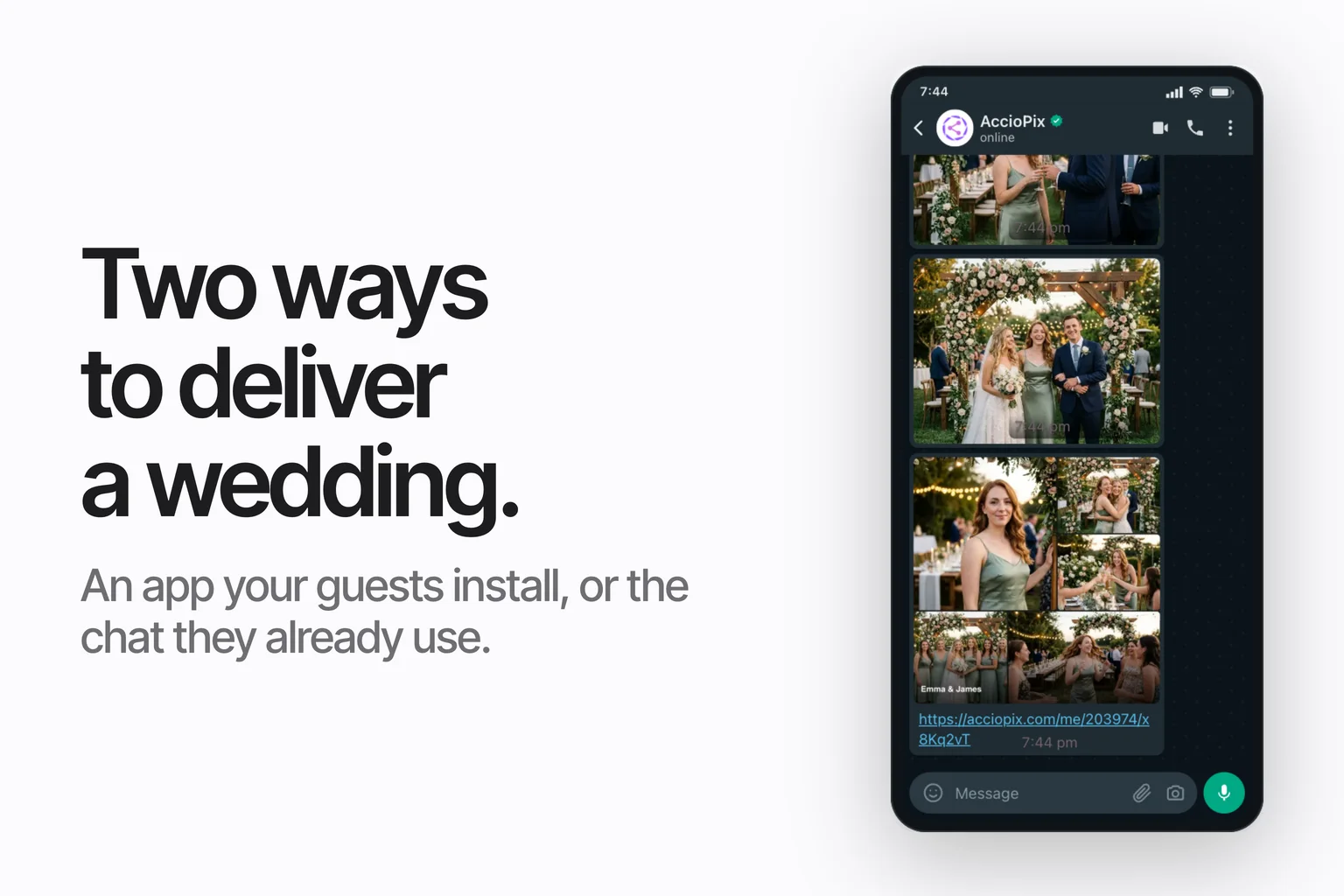 A WhatsApp chat on a phone showing delivered event photos