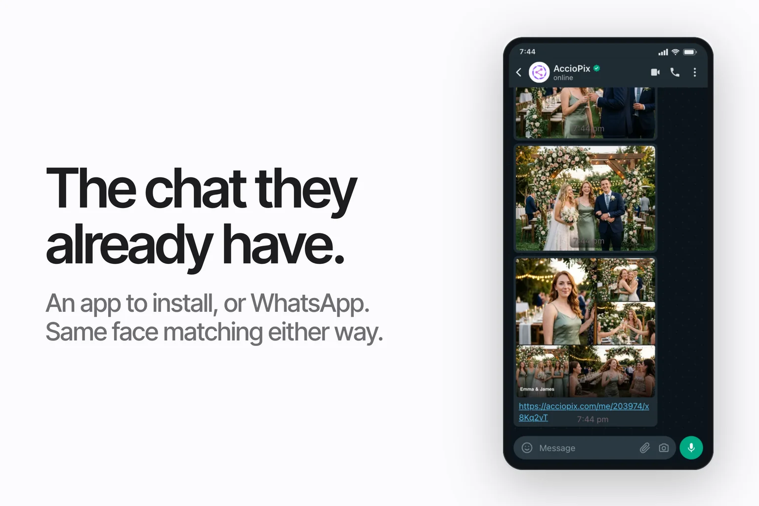 A WhatsApp chat on a phone showing delivered event photos