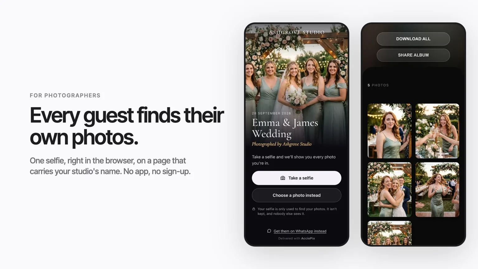 A branded selfie page and the guest's own photos on two phones