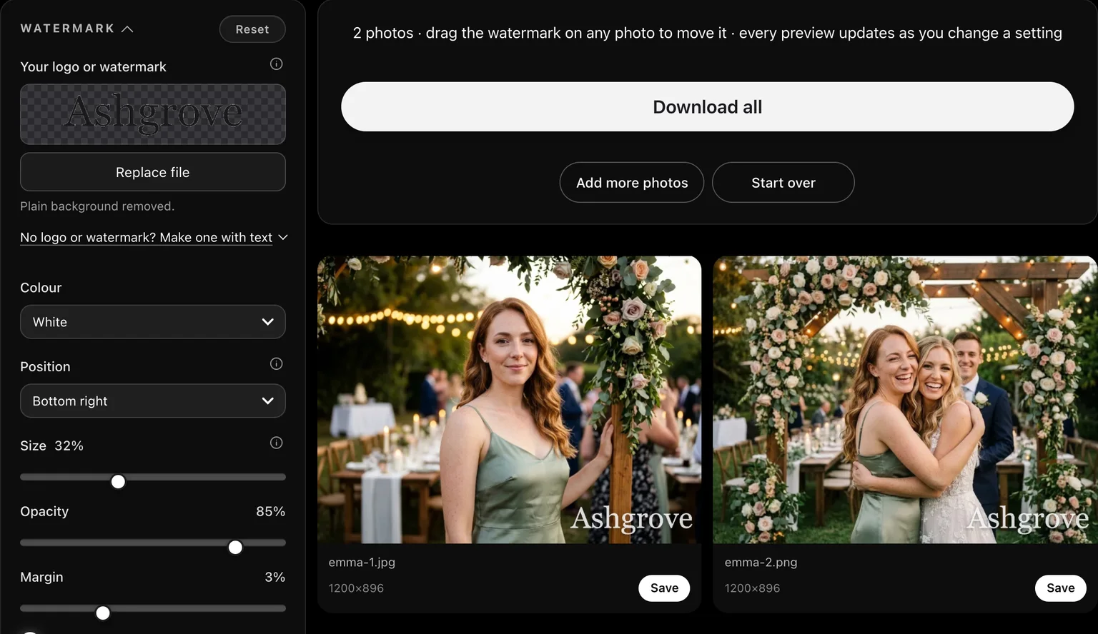 The watermark maker with a logo in the corner of two wedding photos