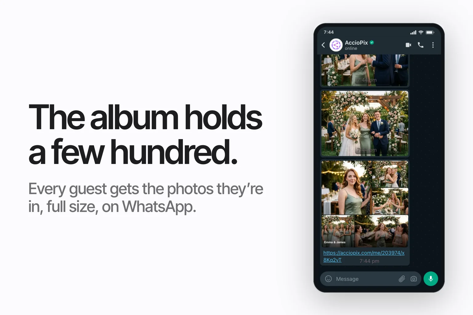 A WhatsApp chat on a phone showing delivered event photos