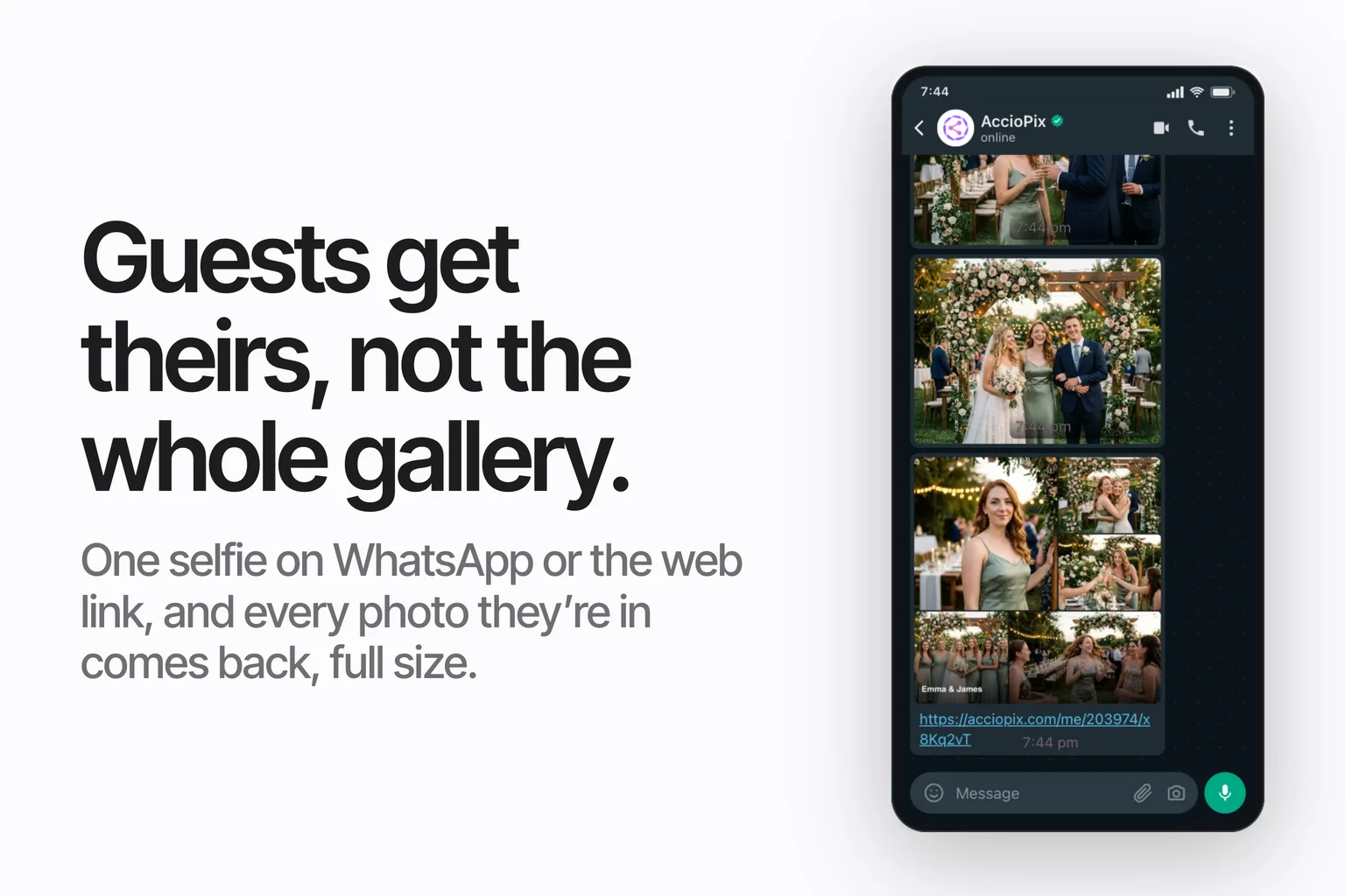 A WhatsApp chat on a phone showing delivered event photos