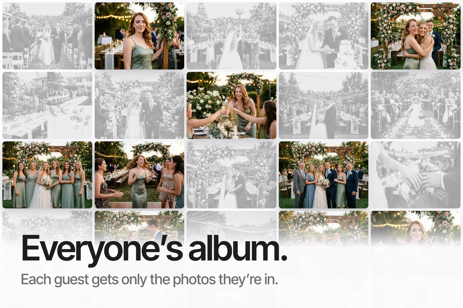 A grid of wedding photos with one guest's photos in colour and the rest greyed out