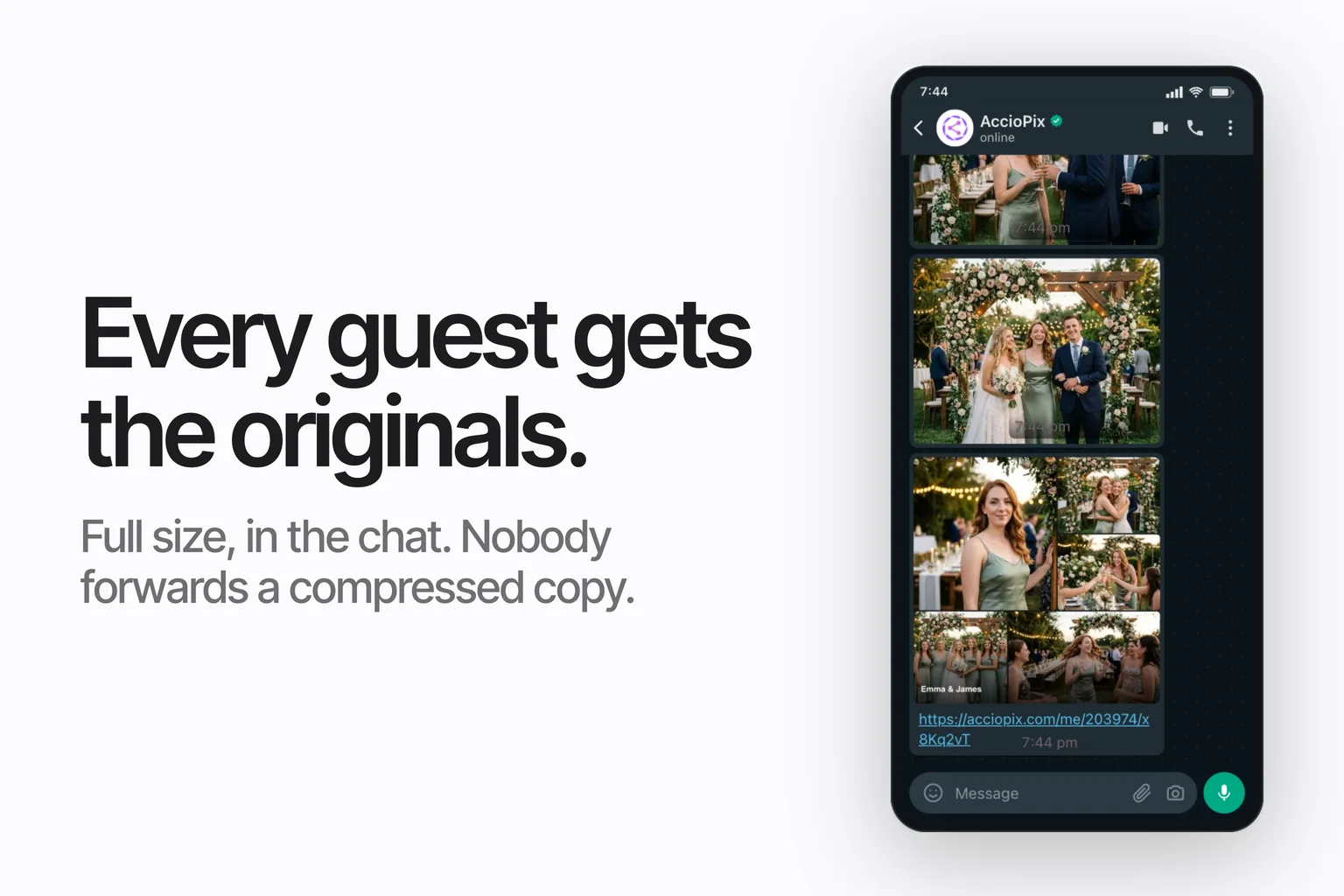 A WhatsApp chat on a phone showing delivered event photos