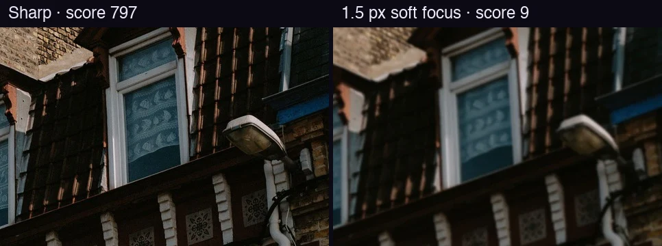 The same window crop sharp and with a 1.5-pixel soft focus, with the detector scores 797 and 9
