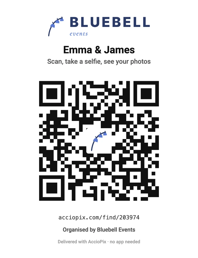 QR code card with a studio's logo on top, the couple's names, and the studio's mark in the middle of the code