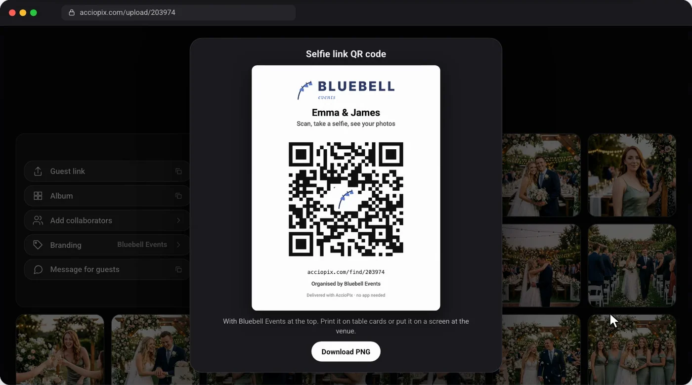 AccioPix share dialog showing a QR code card with the Bluebell Events logo on top and its mark in the middle of the code