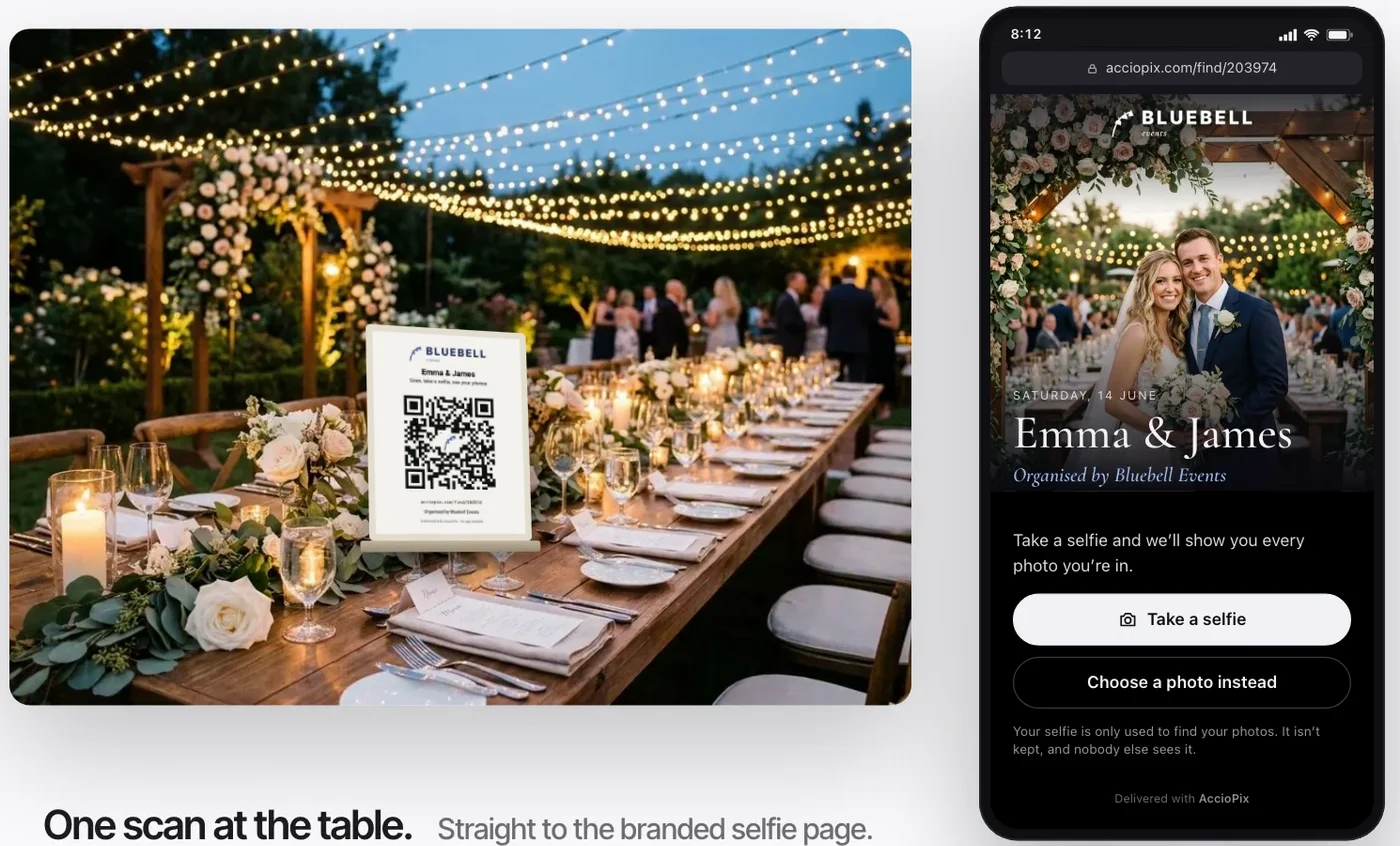 Wedding QR code card with the planner's logo on a reception table, and the branded selfie page it opens on a phone